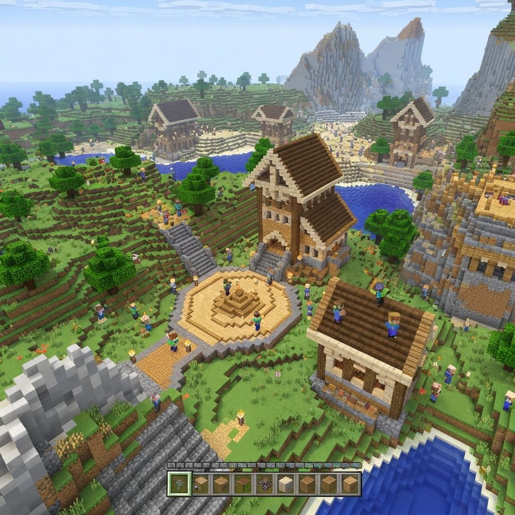 Minecraft mundo aberto exploração com blocos e construções